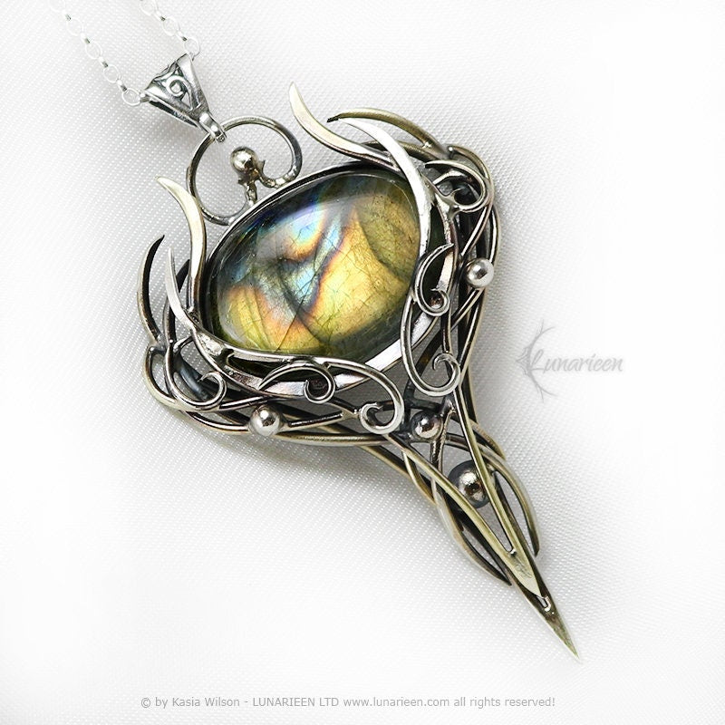 Silver Brass necklace Labradorite jewelry Elven pendant fantasy elvish gothic witchy vampire fashion unique gift