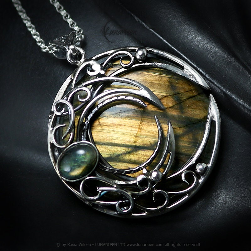 Silver Crescent moon necklace Labradorite jewelry Elven Pagan pendant fantasy elvish gothic unisex witchy vampire fashion gift