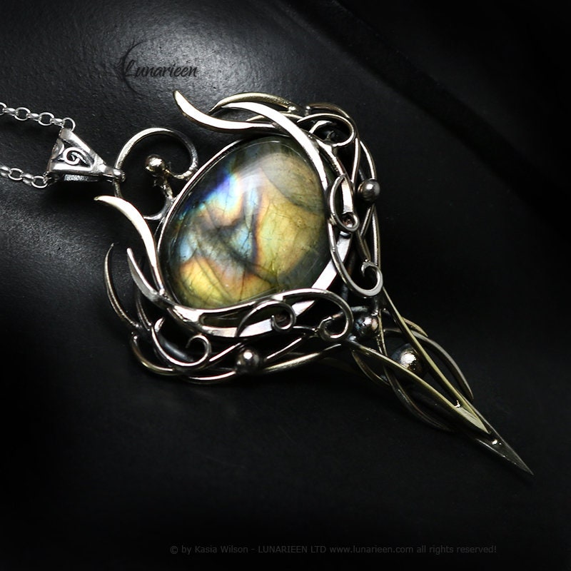 Silver Brass necklace Labradorite jewelry Elven pendant fantasy elvish gothic witchy vampire fashion unique gift