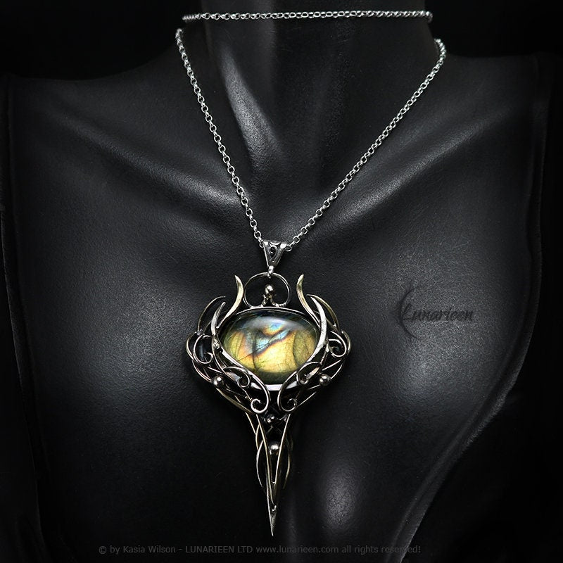 Silver Brass necklace Labradorite jewelry Elven pendant fantasy elvish gothic witchy vampire fashion unique gift