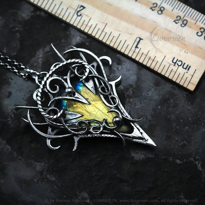 Sterling Silver, Fantasy Dark Gothic style Necklace Pendant, Golden Labradorite, Vampire Elven Witchy Jewellery Jewelry, Unisex Unique gift