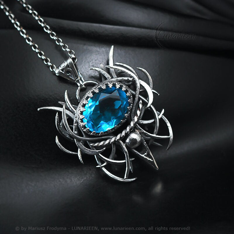 Sterling Silver, Fantasy Gothic style Necklace Pendant, Blue Quartz, Vampire Elven Witchy Jewellery Jewelry, Unisex Unique gift