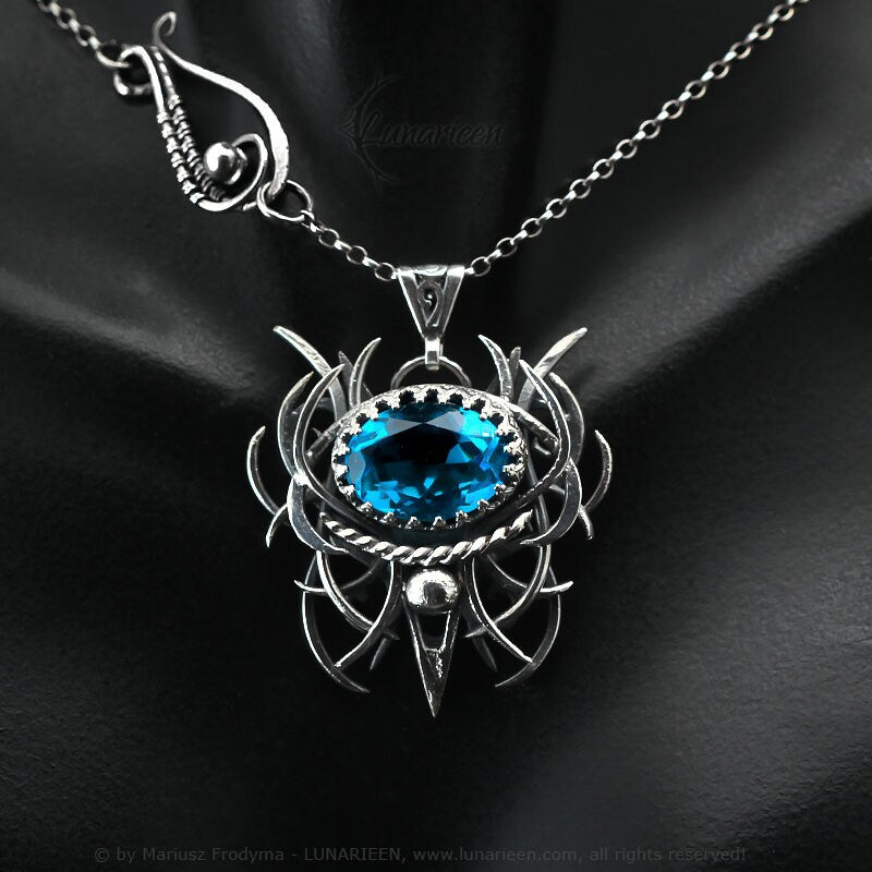 Sterling Silver, Fantasy Gothic style Necklace Pendant, Blue Quartz, Vampire Elven Witchy Jewellery Jewelry, Unisex Unique gift