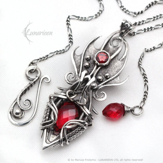 Sterling Silver, Fantasy Gothic style Necklace Pendant, Red Quartz, Vampire Elven Witchy, Unisex Unique Jewellery Jewelry Gift