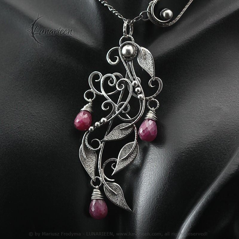 Sterling Silver Wire-Wrapping Antique Victorian Style Floral Ornate Filigree Pendant Necklace, Ruby, Unique Victorian Gothic Fantasy Gift