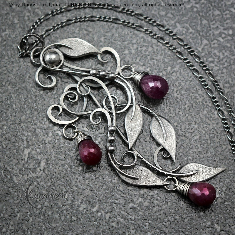 Sterling Silver Wire-Wrapping Antique Victorian Style Floral Ornate Filigree Pendant Necklace, Ruby, Unique Victorian Gothic Fantasy Gift