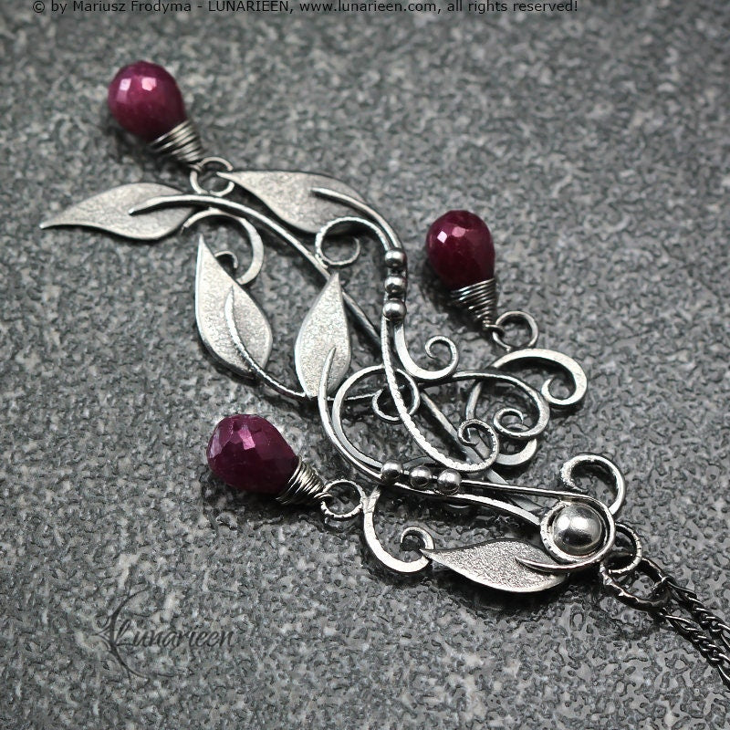 Sterling Silver Wire-Wrapping Antique Victorian Style Floral Ornate Filigree Pendant Necklace, Ruby, Unique Victorian Gothic Fantasy Gift