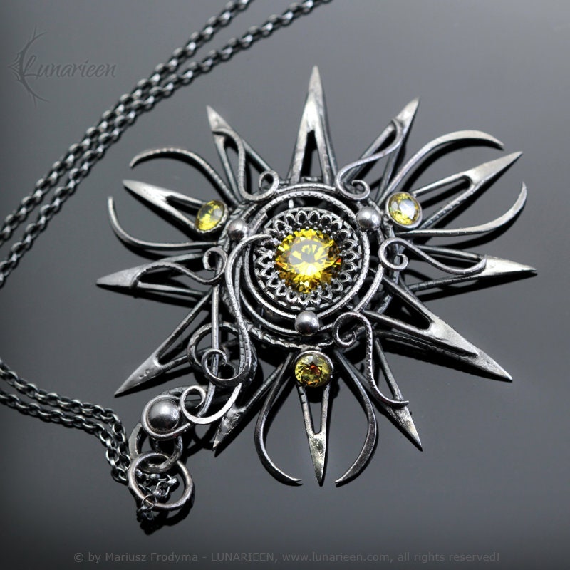 Sterling Silver Wire Wrapped Yellow Sun Star Necklace Pendant, Cubic Zirconia, Antique Vintage Gothic Unique Filigree Jewelry Jewellery Gift