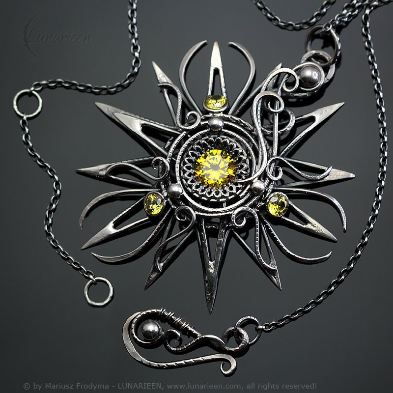 Sterling Silver Wire Wrapped Yellow Sun Star Necklace Pendant, Cubic Zirconia, Antique Vintage Gothic Unique Filigree Jewelry Jewellery Gift