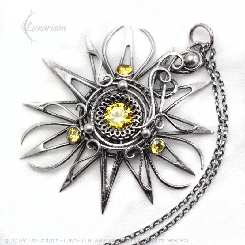 Sterling Silver Wire Wrapped Yellow Sun Star Necklace Pendant, Cubic Zirconia, Antique Vintage Gothic Unique Filigree Jewelry Jewellery Gift