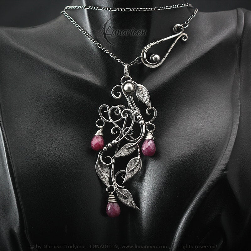 Sterling Silver Wire-Wrapping Antique Victorian Style Floral Ornate Filigree Pendant Necklace, Ruby, Unique Victorian Gothic Fantasy Gift