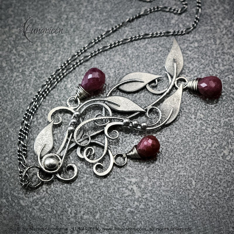 Sterling Silver Wire-Wrapping Antique Victorian Style Floral Ornate Filigree Pendant Necklace, Ruby, Unique Victorian Gothic Fantasy Gift