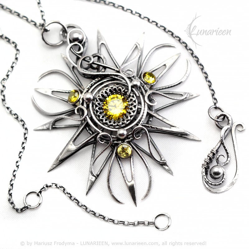 Sterling Silver Wire Wrapped Yellow Sun Star Necklace Pendant, Cubic Zirconia, Antique Vintage Gothic Unique Filigree Jewelry Jewellery Gift