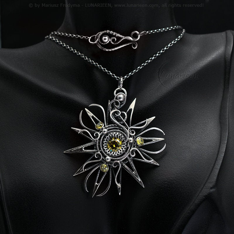 Sterling Silver Wire Wrapped Yellow Sun Star Necklace Pendant, Cubic Zirconia, Antique Vintage Gothic Unique Filigree Jewelry Jewellery Gift