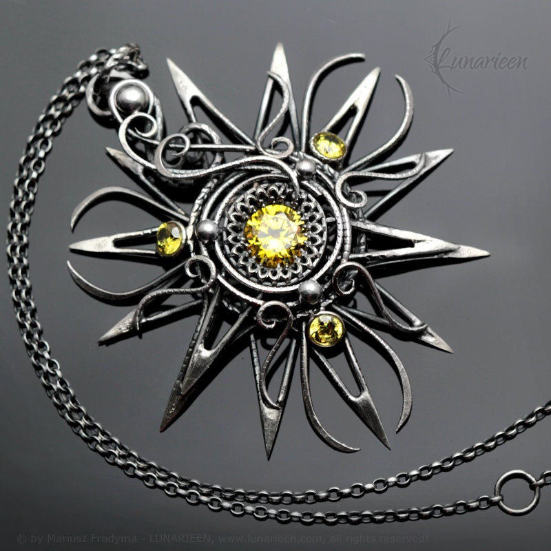 Sterling Silver Wire Wrapped Yellow Sun Star Necklace Pendant, Cubic Zirconia, Antique Vintage Gothic Unique Filigree Jewelry Jewellery Gift