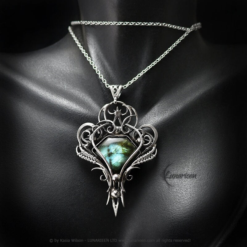 Silver necklace Labradorite jewelry Elven Pagan pendant fantasy elvish gothic unisex witchy vampire fashion gift