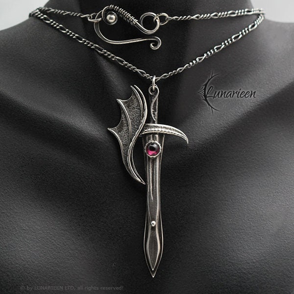 Sterling Silver Wire wrapped Gothic Pendant Necklace Sword Blade Fantasy, Red Garnet, Unique Gothic Fantasy Blacksmithing Jewelry Jewellery