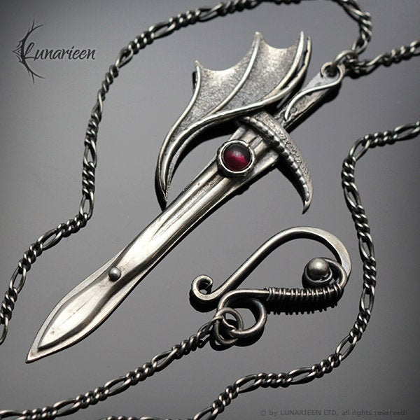 Sterling Silver Wire wrapped Gothic Pendant Necklace Sword Blade Fantasy, Red Garnet, Unique Gothic Fantasy Blacksmithing Jewelry Jewellery