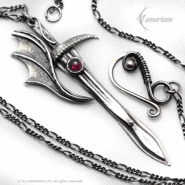 Sterling Silver Wire wrapped Gothic Pendant Necklace Sword Blade Fantasy, Red Garnet, Unique Gothic Fantasy Blacksmithing Jewelry Jewellery