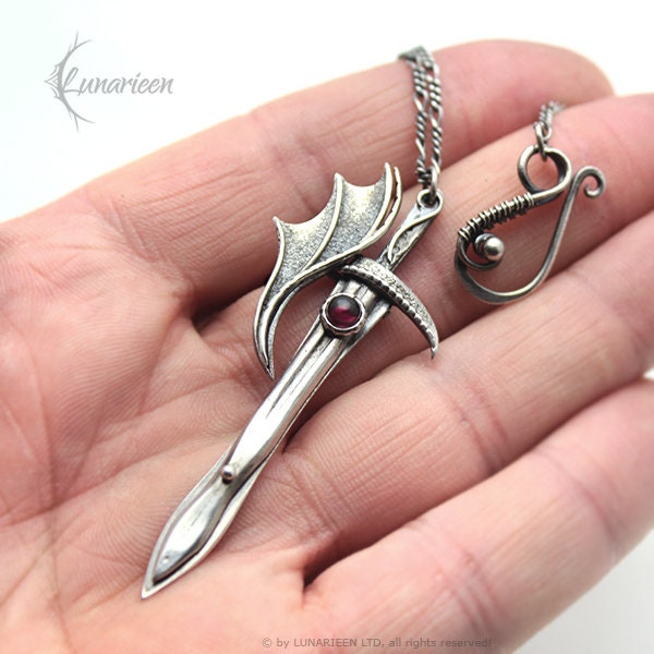 Sterling Silver Wire wrapped Gothic Pendant Necklace Sword Blade Fantasy, Red Garnet, Unique Gothic Fantasy Blacksmithing Jewelry Jewellery