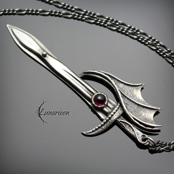 Sterling Silver Wire wrapped Gothic Pendant Necklace Sword Blade Fantasy, Red Garnet, Unique Gothic Fantasy Blacksmithing Jewelry Jewellery