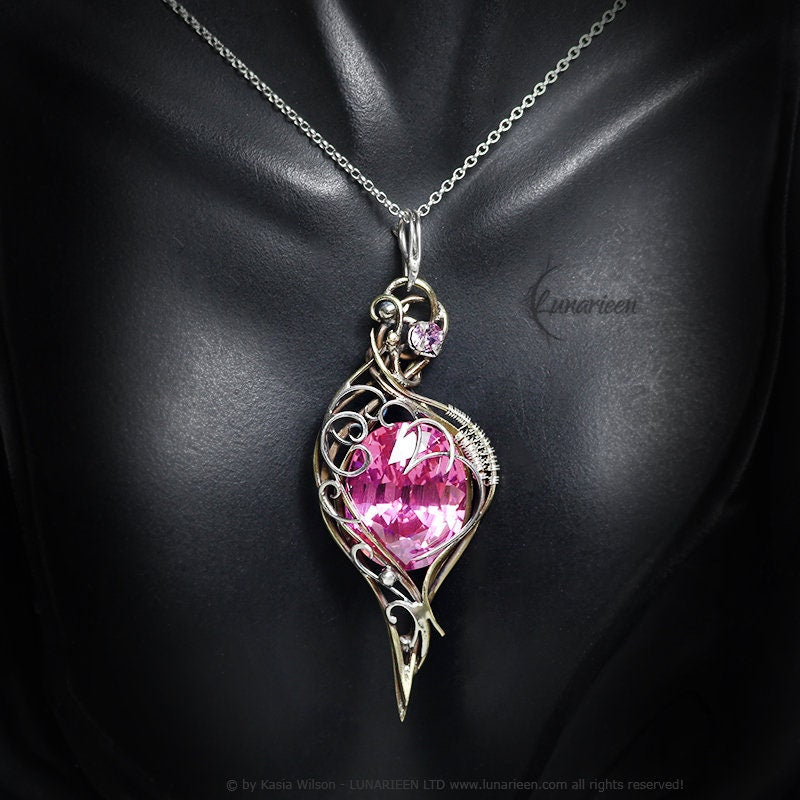 Silver Brass Pink Zirconia necklace jewelry Elven pendant fantasy elvish gothic witchy vampire fashion unique gift