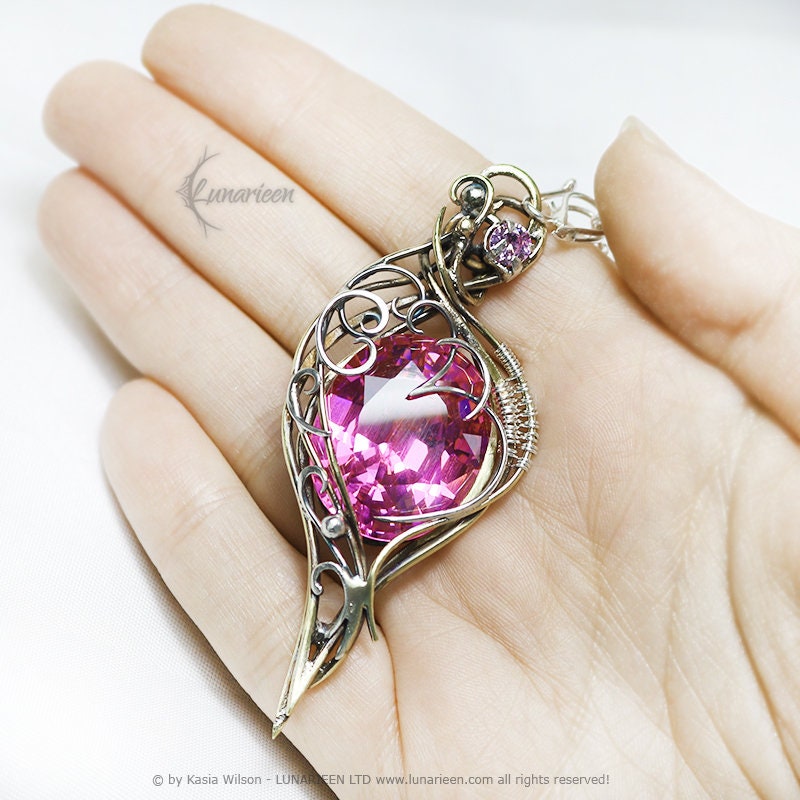 Silver Brass Pink Zirconia necklace jewelry Elven pendant fantasy elvish gothic witchy vampire fashion unique gift