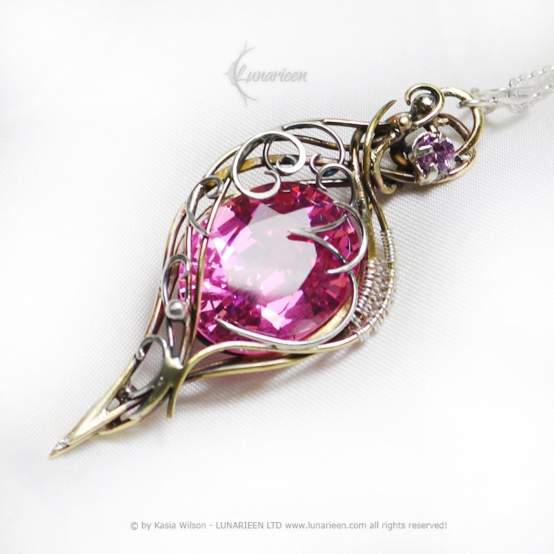 Silver Brass Pink Zirconia necklace jewelry Elven pendant fantasy elvish gothic witchy vampire fashion unique gift