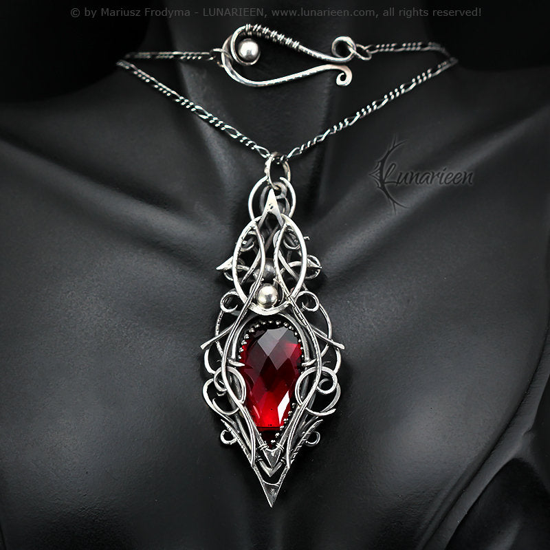 Sterling Silver, Fantasy Gothic style Necklace Pendant, Red Quartz, Vampire Elven Witchy Unisex Unique Jewellery Jewelry Gift