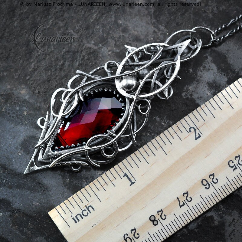 Sterling Silver, Fantasy Gothic style Necklace Pendant, Red Quartz, Vampire Elven Witchy Unisex Unique Jewellery Jewelry Gift