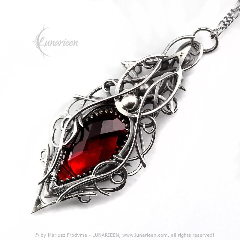 Sterling Silver, Fantasy Gothic style Necklace Pendant, Red Quartz, Vampire Elven Witchy Unisex Unique Jewellery Jewelry Gift