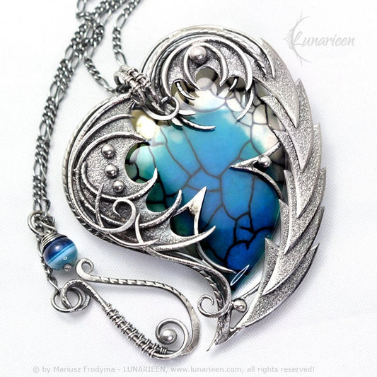 Sterling Silver Wire wrapped necklace Dragon’s Heart gift gothic fantasy blue Dragon Veins Agate pendant jewellery jewelry unique necklace