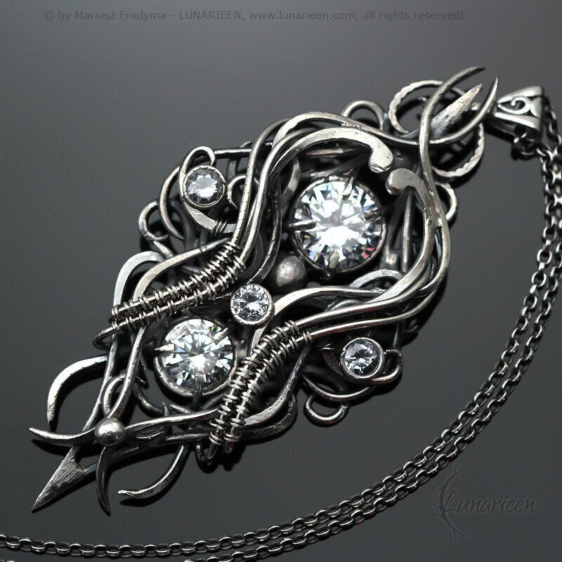 Sterling Silver Wire wrapped gothic fantasy elven elvish witchy pendant necklace, unique jewelry jewellery unisex gift