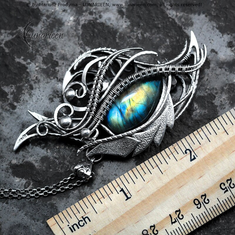 Sterling Silver Wire Wrapped Dragon’s Eye Pendant Necklace Royal Blue Gold Labradorite Gothic Fantasy Unique Gift Jewellery Jewelry