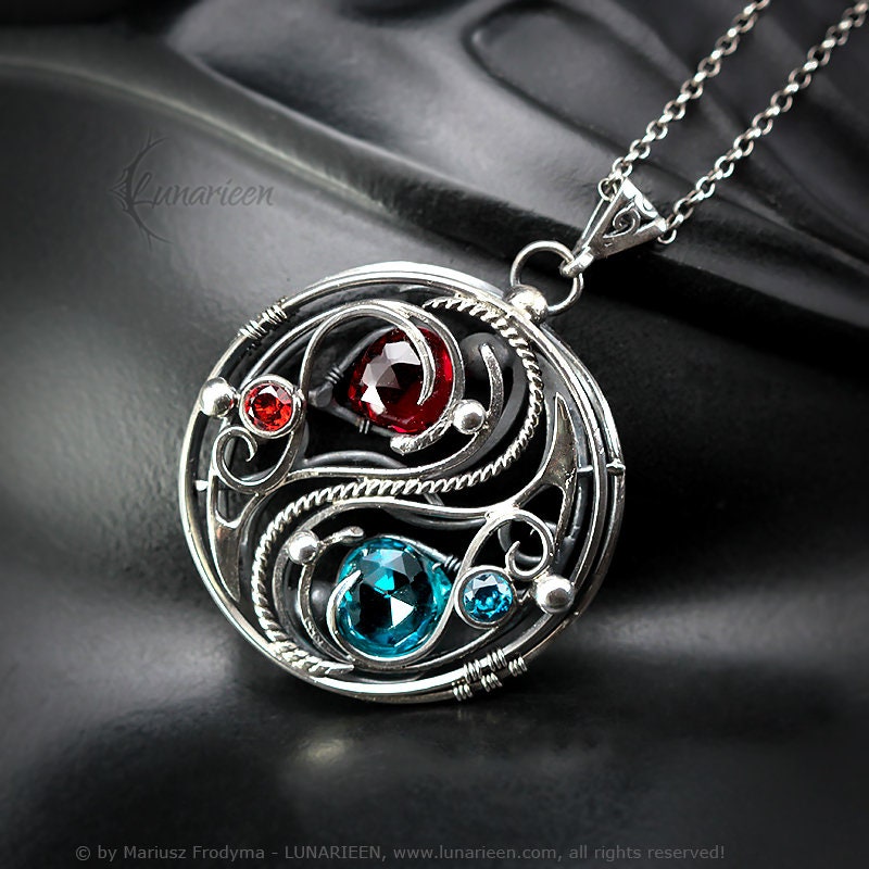 Sterlin Silver Wire wrapped Necklace Pendant Yin Yang Gothic Blue Red Quartz Unisex Unique Jewellery Jewelry Gift