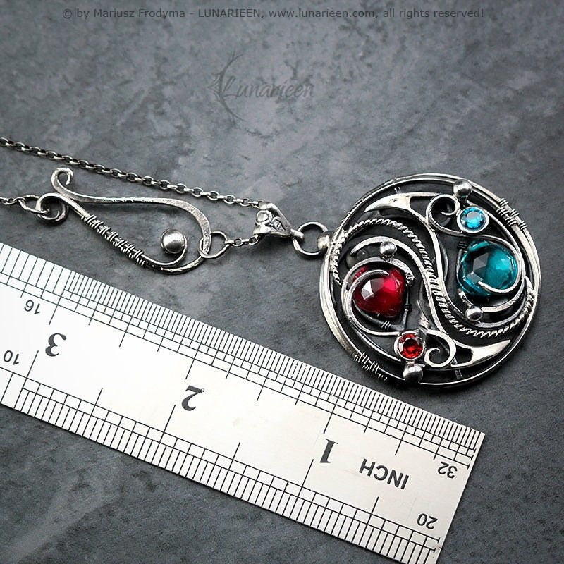 Sterlin Silver Wire wrapped Necklace Pendant Yin Yang Gothic Blue Red Quartz Unisex Unique Jewellery Jewelry Gift