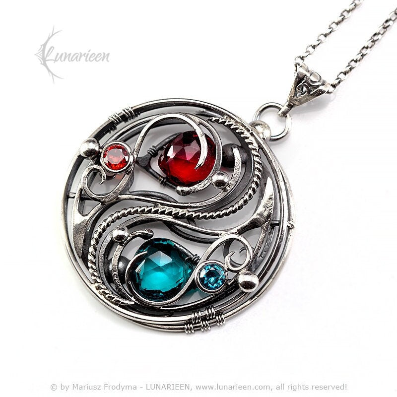 Sterlin Silver Wire wrapped Necklace Pendant Yin Yang Gothic Blue Red Quartz Unisex Unique Jewellery Jewelry Gift