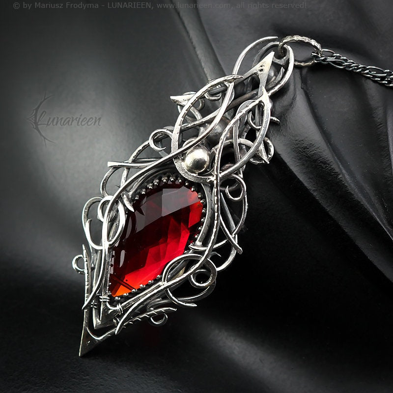 Sterling Silver, Fantasy Gothic style Necklace Pendant, Red Quartz, Vampire Elven Witchy Unisex Unique Jewellery Jewelry Gift