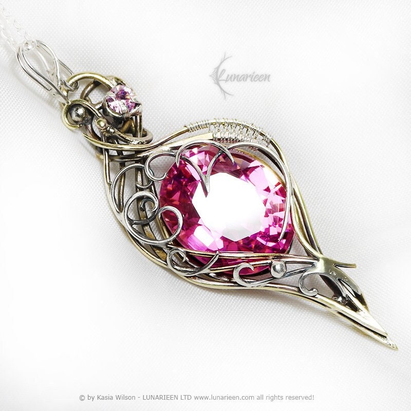 Silver Brass Pink Zirconia necklace jewelry Elven pendant fantasy elvish gothic witchy vampire fashion unique gift