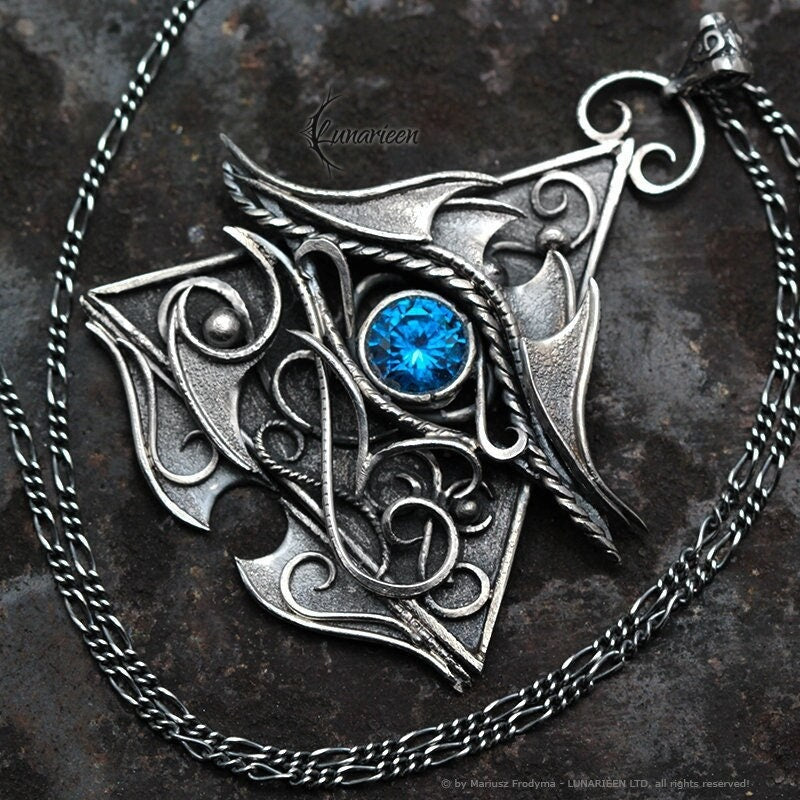 Sterling Silver Wire Wrap, Eye of Horus Gothic Necklace Pendant, London Blue, Eye Protection Symbol, Unique Unisex Jewelry Jewellery Gift