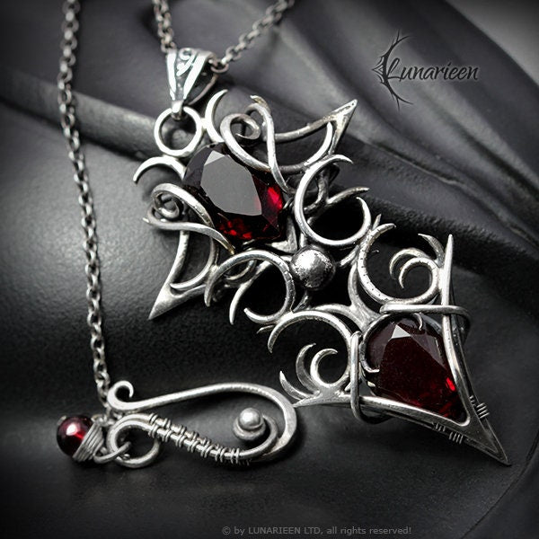 Sterling Silver, Fantasy Gothic style Necklace Pendant, Garnet Red Quartz, Vampire Elven Witchy Unisex Unique Jewellery Jewelry Gift