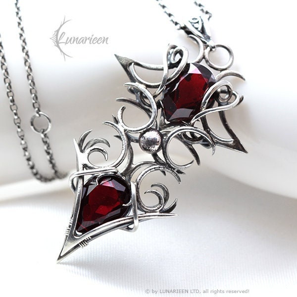 Sterling Silver, Fantasy Gothic style Necklace Pendant, Garnet Red Quartz, Vampire Elven Witchy Unisex Unique Jewellery Jewelry Gift