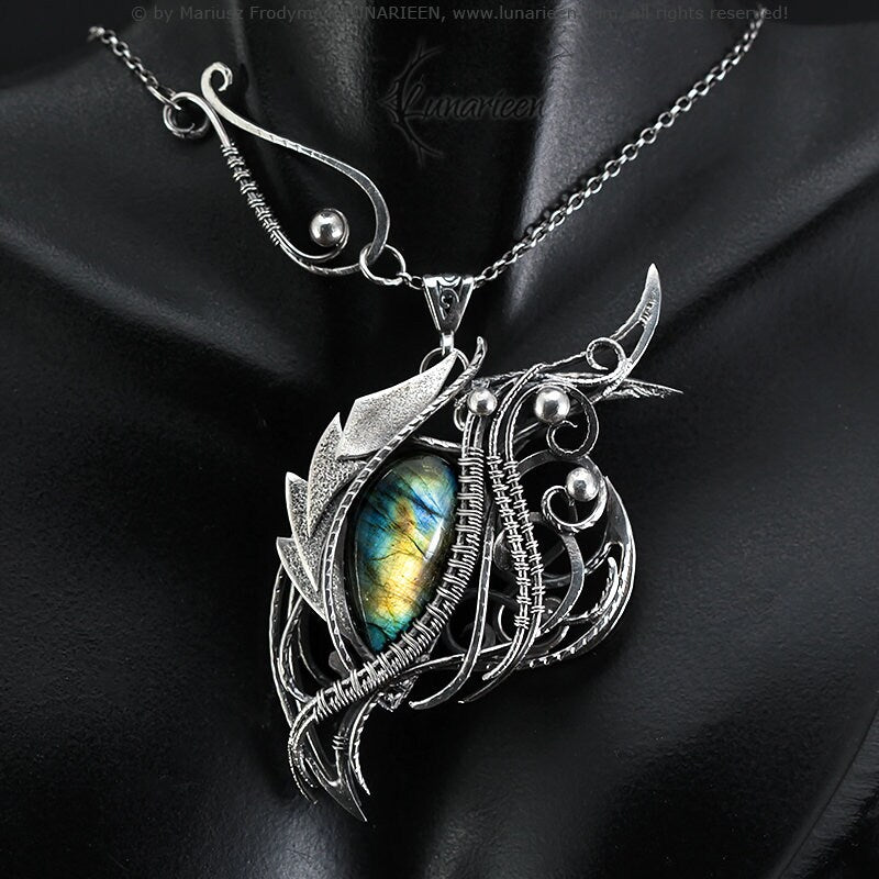 Sterling Silver Wire Wrapped Dragon’s Eye Pendant Necklace Royal Blue Gold Labradorite Gothic Fantasy Unique Gift Jewellery Jewelry