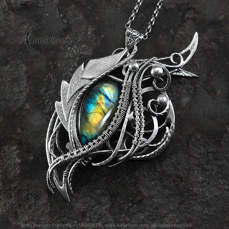 Sterling Silver Wire Wrapped Dragon’s Eye Pendant Necklace Royal Blue Gold Labradorite Gothic Fantasy Unique Gift Jewellery Jewelry