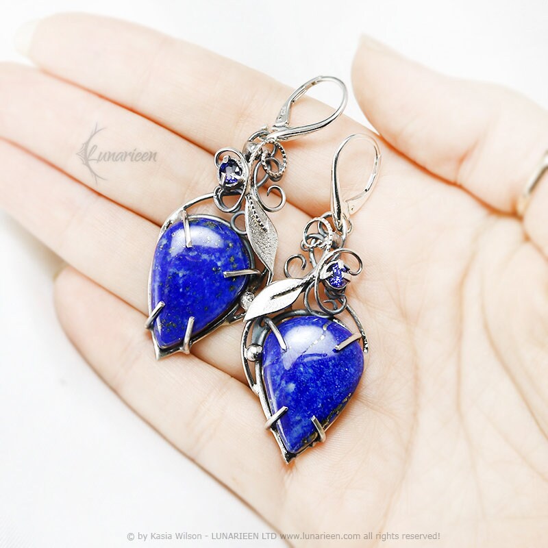 Lapis Lazuli Wire Wrapped Earrings | 100% Natural Stone | outlets Crystal & Gemstone Filigree Silver Drop Hook Earrings… Dainty Celtic Boho Jewelry