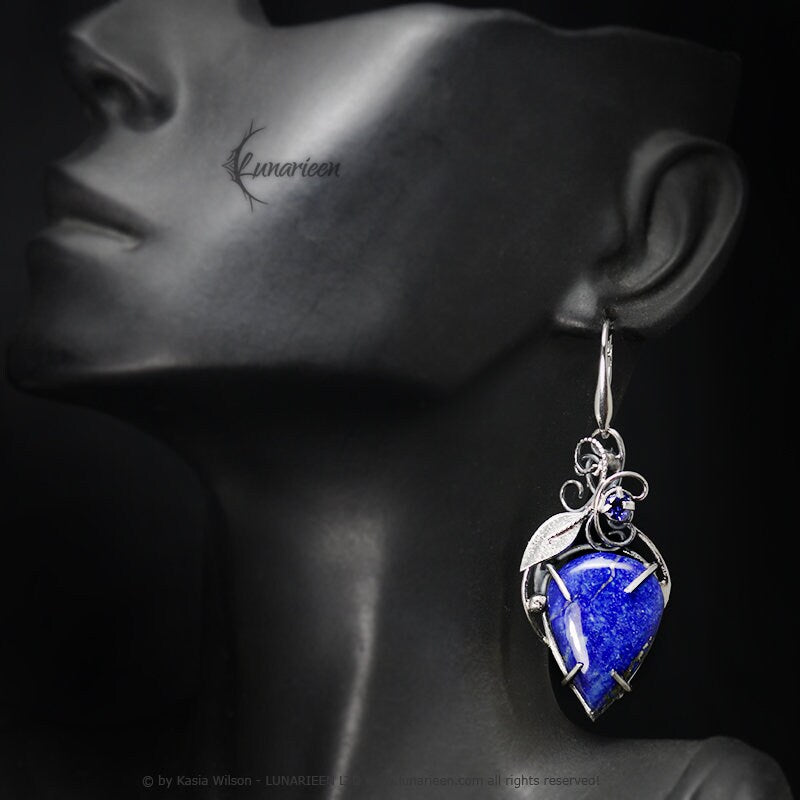 Silver earrings wire wrapped gift for her floral elven fantasy wire wrap silver earrings gothic witchy jewelry Lapis lazuli leaf