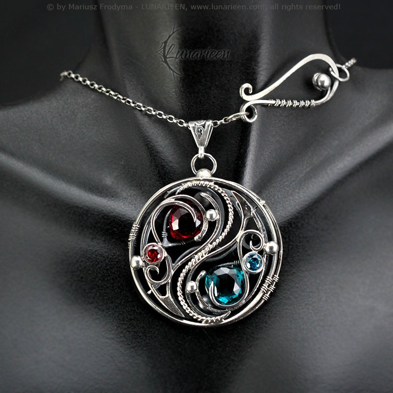 Sterlin Silver Wire wrapped Necklace Pendant Yin Yang Gothic Blue Red Quartz Unisex Unique Jewellery Jewelry Gift