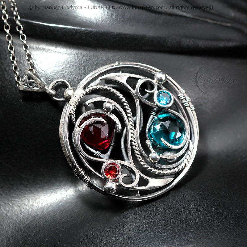 Sterlin Silver Wire wrapped Necklace Pendant Yin Yang Gothic Blue Red Quartz Unisex Unique Jewellery Jewelry Gift