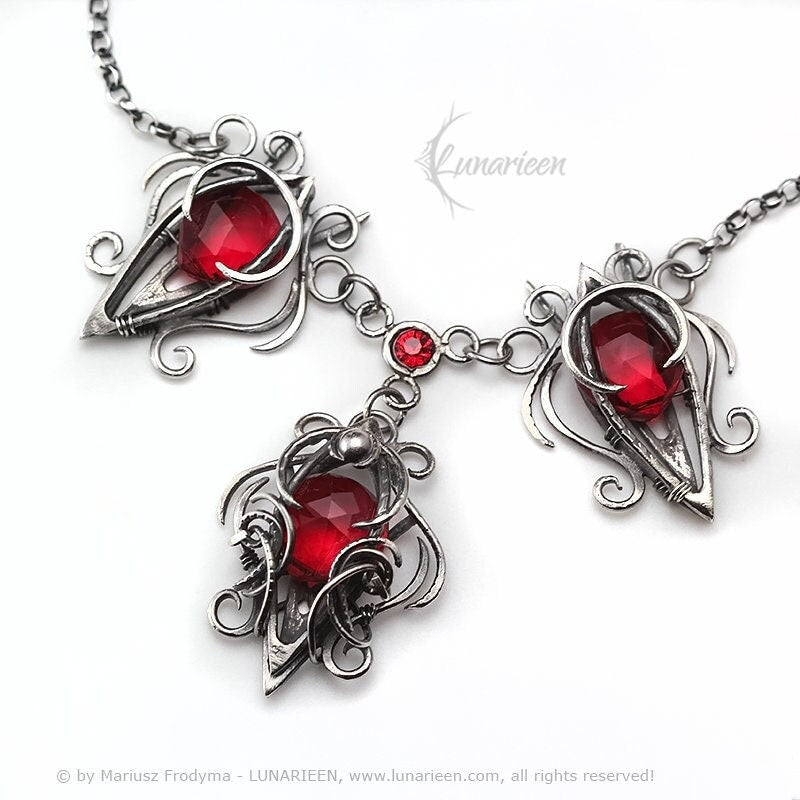 Sterling Silver, Fantasy Gothic style Necklace Pendant, Red Quartz, Jewellery Jewelry, Vampire Elven Witchy, Unisex Unique gift