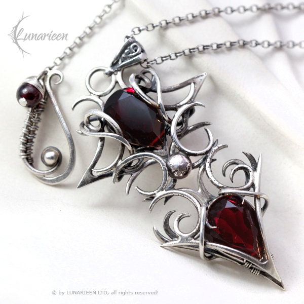 Sterling Silver, Fantasy Gothic style Necklace Pendant, Garnet Red Quartz, Vampire Elven Witchy Unisex Unique Jewellery Jewelry Gift